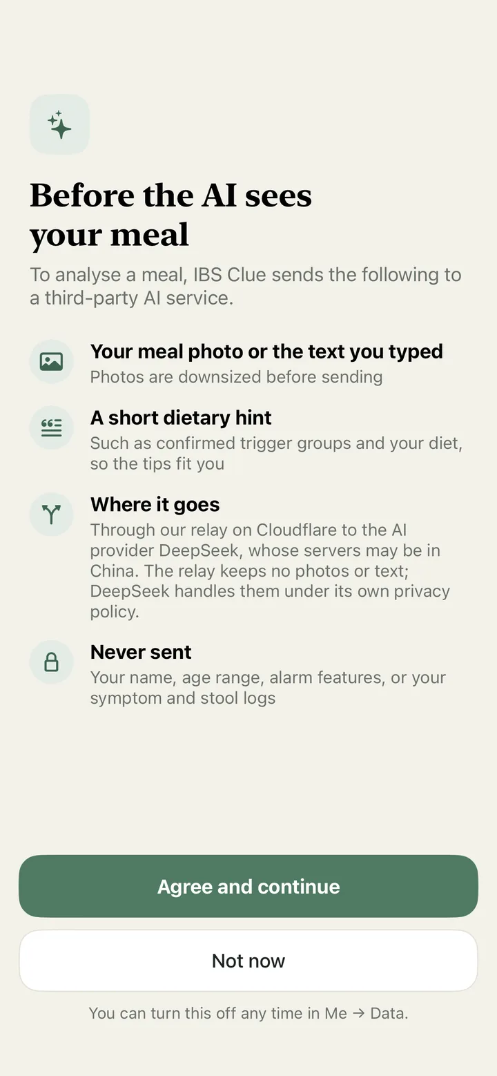 Consent screen explaining what is sent to the AI service and what is never sent