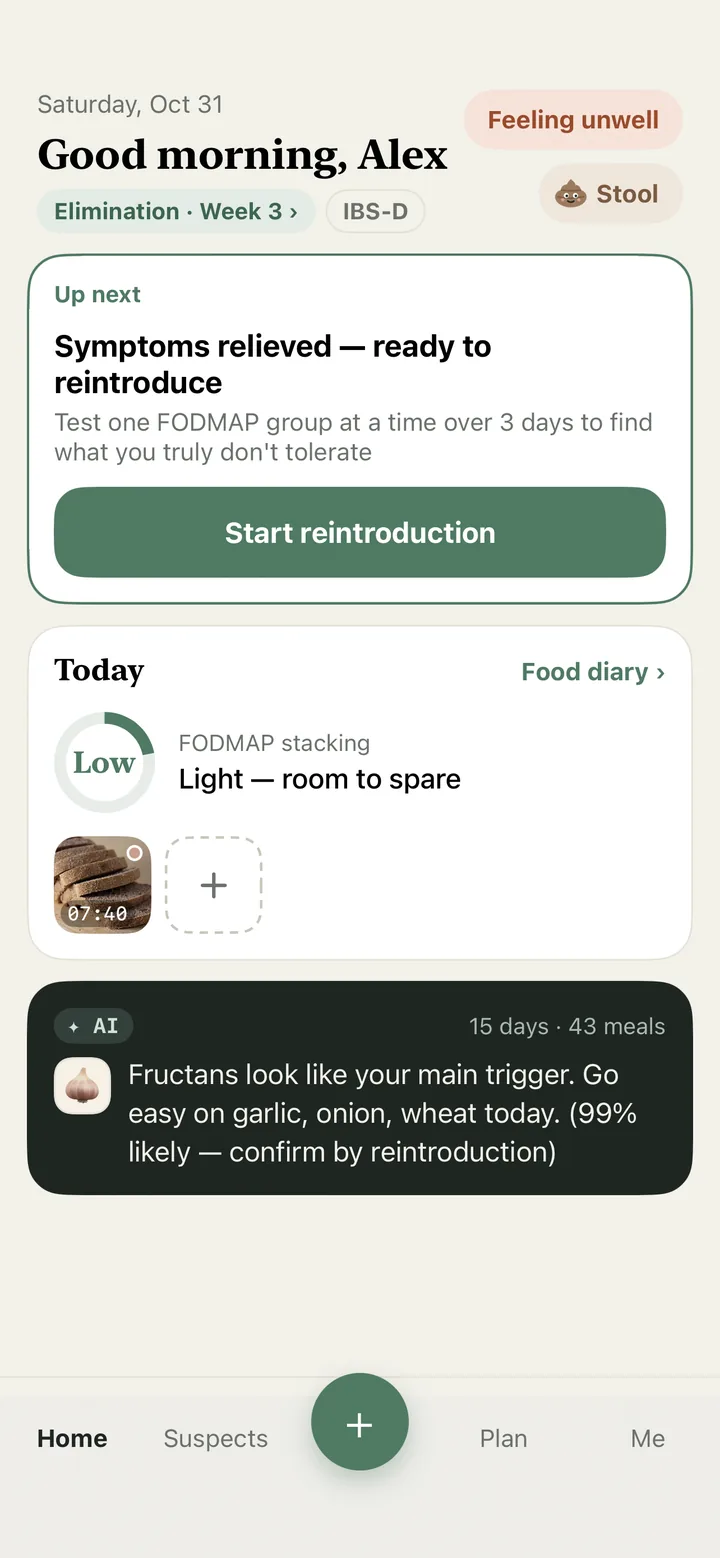Today view with a symptom check-in and FODMAP stacking ring